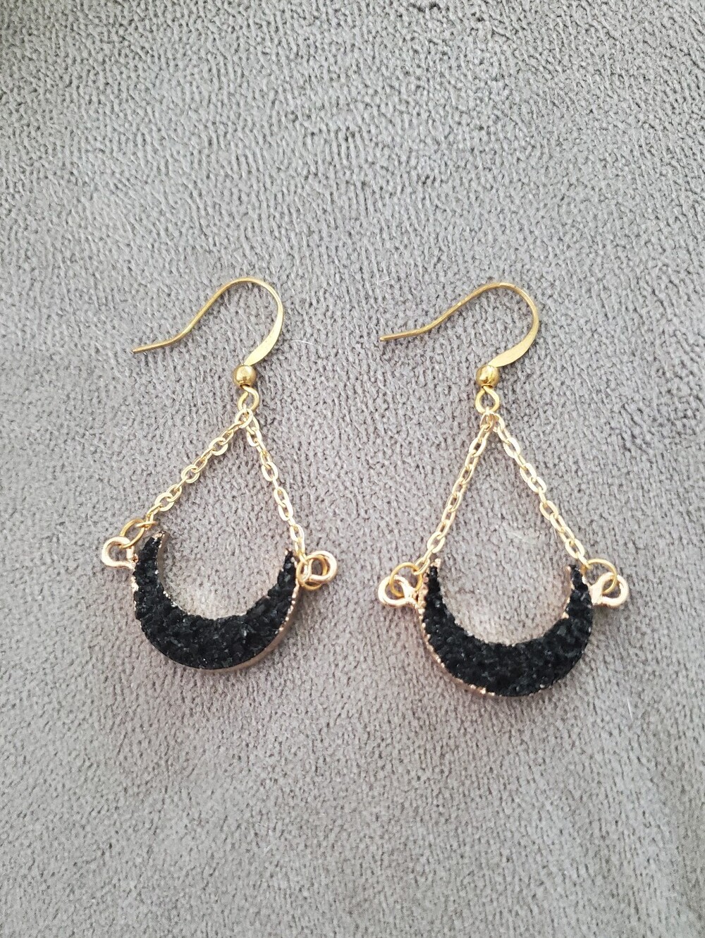 Druzy Black & Gold Crescent Moon Dangle Earrings